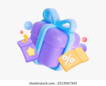 Cute purple gift box with a blue bow with coupons for various discounts, sales