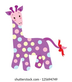 A cute purple giraffe with dotted patten on the body and red ribbon at the end of the tail.