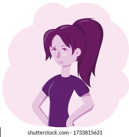 バラ色の背景にかわいい紫の女の子とポニーテール 紫のtシャツ 紫の髪 ベクターイラスト のベクター画像素材 ロイヤリティフリー Shutterstock