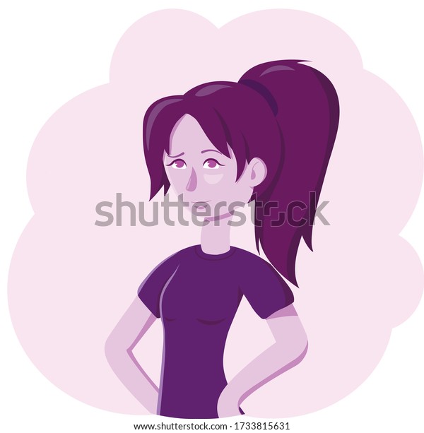 バラ色の背景にかわいい紫の女の子とポニーテール 紫のtシャツ 紫の髪 ベクターイラスト のベクター画像素材 ロイヤリティフリー
