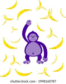 Cute purple gorilla isolated on a banana background. Children's vector illustration. Postcard, invitation, more.