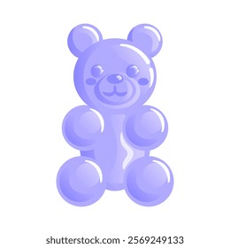 A cute purple gummy bear with a glossy finish, sitting cheerfully, its small eyes sparkling with joy. Its rounded body and floppy arms exude sweetness, making it an adorable treat for all ages.