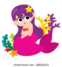 A cute purple haired cartoon little mermaid with pink tail sitting vector illustration.