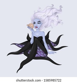 Cute purple half human octopus holding shell in her hand. 