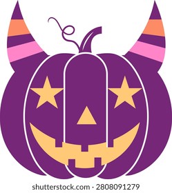 Cute purple Halloween pumpkin vector illustration with striped devil horns and star eyes
