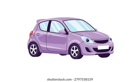 Cute purple hatchback car vector illustration. Modern subcompact small vehicle isolated on white background. Flat design graphic showing side view with headlights and alloy wheels.