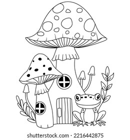 Cute purple head mushroom house with green frog and leaves decoration outline artwork coloring pages