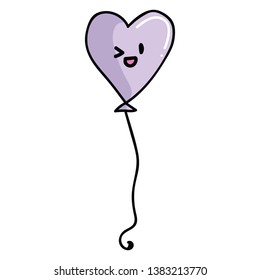 Cute purple heart balloon with kawaii face cartoon vector illustration motif set. Hand drawn for birthday party surprise. Pastel celebration graphics. Decorative special occassion web buttons.