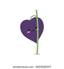 Cute Purple Heart Shaped Leaf Mascot Character Peeking Behind Stem, Vector Illustration