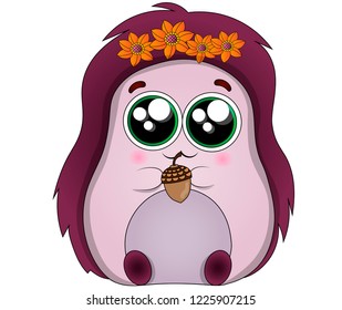 Cute purple hedgehog with acorn and flowers.