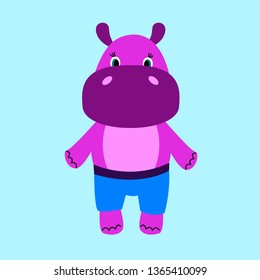 It is a cute purple hippo Bobo. The hippo wears blue shorts. Blue background. Vector illustration. 