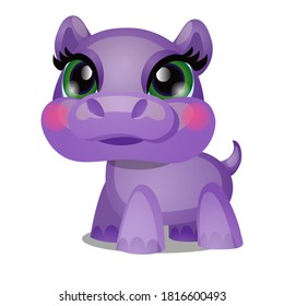 Cute purple Hippo isolated on white background. Vector cartoon close-up illustration.