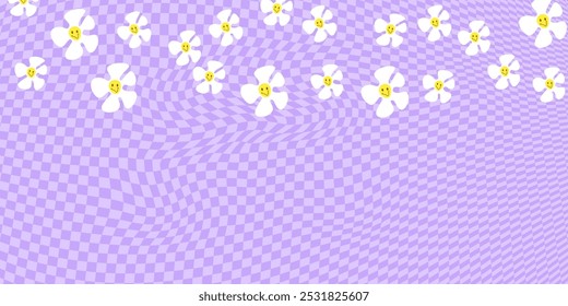 Cute purple horizontal checkered background with daisy falling from above. Stock vector illustration in cartoon style.