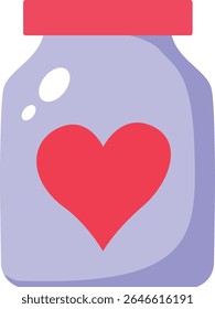 A cute purple jar with a large red heart inside, representing love, romance, or magical potion in a flat minimalistic design.