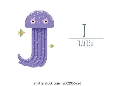 cute purple jellyfish with small green fish. jellyfish in the form of a letter - J.
children's alphabet. poster, postcard.