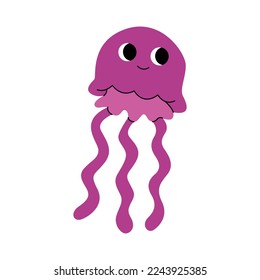 Cute purple jellyfish swimming, marine animal. Inhabitants of sea, ocean underwater life. Childish aquatic mammals print for nursery, kids apparel, poster, postcard, pattern. Cartoon vector.