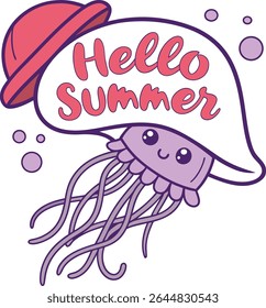 Cute purple jellyfish wearing red hello summer hat