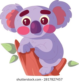 Cute purple koala bear sitting on a tree branch vector illustration