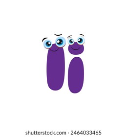 Cute Purple Letter I Cartoon Character With cute eyes. Cartoon Illustration of Purple Cute Smiling Uppercase and Lowercase Letter I with eyes. Funny kids letter I with eyes.