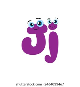 Cute Purple Letter J Cartoon Character With cute eyes. Cartoon Illustration of Blue Cute Smiling Uppercase and Lowercase Letter J with eyes. Funny kids letter J with eyes.