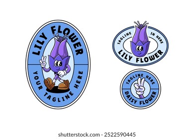 cute purple lily flower buds colorful retro cartoon character mascot illustration set with walking pose, smiling and peace hand for florist, kids, beauty business mascots and merchandise