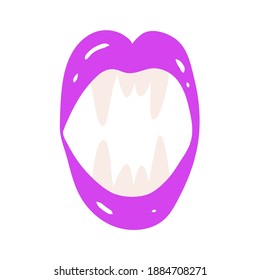 Cute purple lips with teeth bared and visible vampire fangs. Vector isolated illustration.