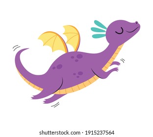 Cute Purple Little Dragon with Wings, Flying Funny Baby Dinosaur Fairy Tale Character Cartoon Style Vector Illustration