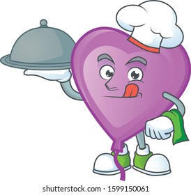 Cute purple love balloon as a Chef with hat and tray cartoon style design