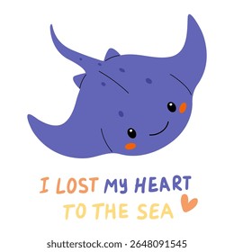 Ilustração de arraia manta roxa bonito com um sorriso encantador traz alegria e calor, expressando amor pelo oceano