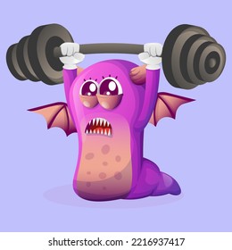 Cute purple monster bodybuilding with barbell flexing muscles. Perfect for kids, small business or e-Commerce, merchandise and sticker, banner promotion, blog or vlog channel
