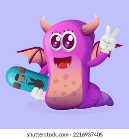 Cute purple monster carrying a skateboard. Perfect for kids, small business or e-Commerce, merchandise and sticker, banner promotion, blog or vlog channel
