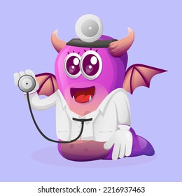 Cute purple monster doctor holding stethoscope. Perfect for kids, small business or e-Commerce, merchandise and sticker, banner promotion, blog or vlog channel
