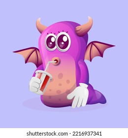 Cute purple monster drinking soda, cola. Perfect for kids, small business or e-Commerce, merchandise and sticker, banner promotion, blog or vlog channel
