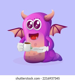 Cute Purple Monster Drinking Tea, Tea Time. Perfect For Kids, Small Business Or E-Commerce, Merchandise And Sticker, Banner Promotion, Blog Or Vlog Channel
