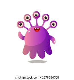 Cute purple monster with five eyes and small smile
