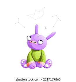Cute purple monster in a green sweater looks at the stars - Vector Illustration
