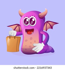 Cute purple monster happy shopping. Perfect for kids, small business or e-Commerce, merchandise and sticker, banner promotion, blog or vlog channel
