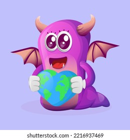 Cute purple monster holding earth with love shape. Perfect for kids, small business or e-Commerce, merchandise and sticker, banner promotion, blog or vlog channel
