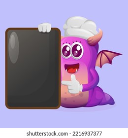 Cute purple monster holding menu black Board, menu board, sign board. Perfect for kids, small business or e-Commerce, merchandise and sticker, banner promotion, blog or vlog channel
