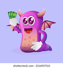 Cute purple monster holding money. Perfect for kids, small business or e-Commerce, merchandise and sticker, banner promotion, blog or vlog channel
