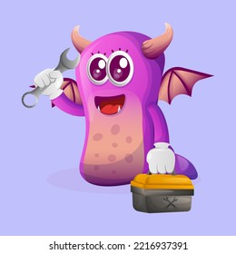 Cute purple monster holding spanner and tolls box. Perfect for kids, small business or e-Commerce, merchandise and sticker, banner promotion, blog or vlog channel

