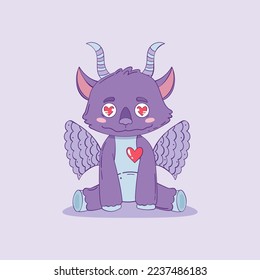 Cute purple monster in love. Little dragon with wings in cartoon style. Vector illustration