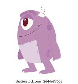 Cute purple monster with one eye and horns. Funny cartoon alien character. Smiling cyclops for kids illustration.