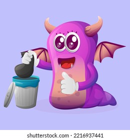 Cute purple monster placing reusable waste into garbage can. Perfect for kids, small business or e-Commerce, merchandise and sticker, banner promotion, blog or vlog channel
