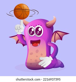 Cute purple monster playing basketball, freestyle with ball. Perfect for kids, small business or e-Commerce, merchandise and sticker, banner promotion, blog or vlog channel
