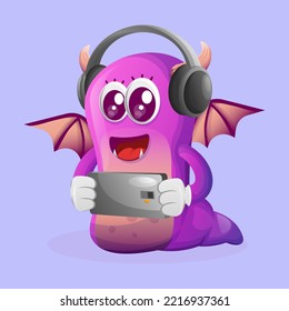 Cute purple monster playing game mobile, wearing headphones. Perfect for kids, small business or e-Commerce, merchandise and sticker, banner promotion, blog or vlog channel
