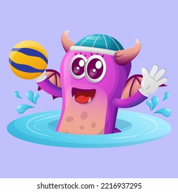 Un monstruo morado que juega al waterpolo. Perfecto para niños, pequeñas empresas o comercio electrónico, mercadería y pegatinas, promoción de banners, blog o canal de vlog
