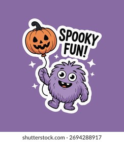 Monstruo púrpura lindo con globo de calabaza – Divertida ilustración de dibujos animados de Halloween