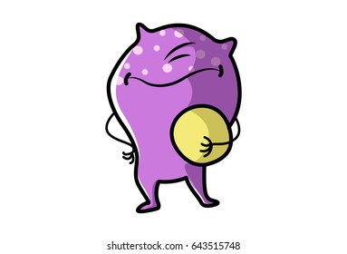 Cute Purple Monster standing and holding a ball in hand. Vector Illustration. Isolated on white background.