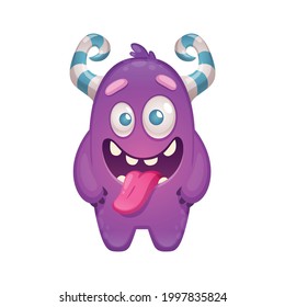 Cute purple monster with striped horns putting out tongue cartoon vector illustration